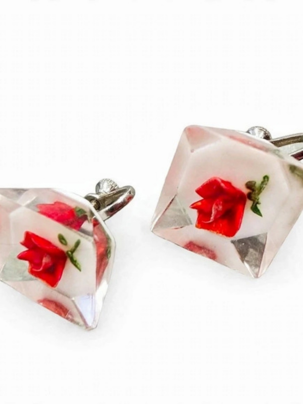Rose Resin Clip-On Earrings in Clear & Red